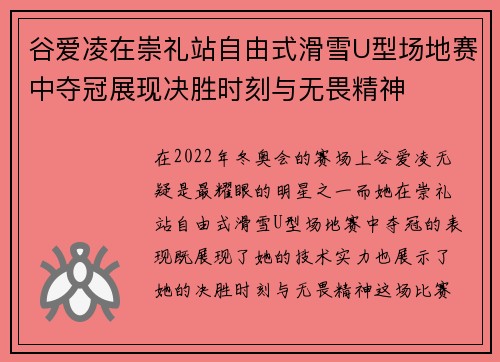 谷爱凌在崇礼站自由式滑雪U型场地赛中夺冠展现决胜时刻与无畏精神