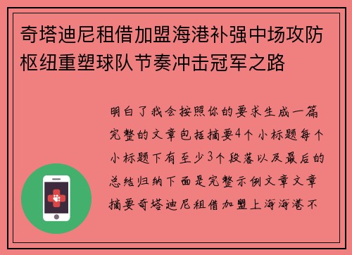 奇塔迪尼租借加盟海港补强中场攻防枢纽重塑球队节奏冲击冠军之路